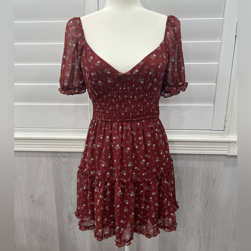 Trixxi Burgundy Floral Chiffon Smocked Waist Puff Sleeve Dress M cottagecore